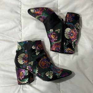 Black floral heeled ankle boots